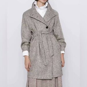 Zara Women’s Asymmetrical High Collar Wool Blend Tweed Midi Coat Size Medium